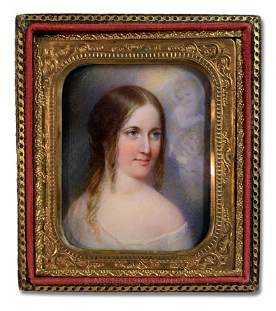 Portrait miniature attributed to Edward Greene Malbone of a young lady depicted with a rainbow and cherubs in the background