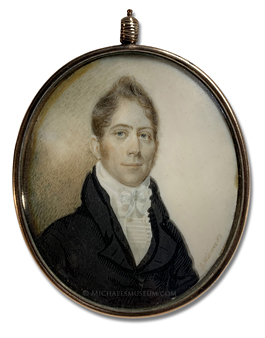 Portrait miniature by Henry Williams of a Jacksonian Era gentleman depicted with a sky bagkroundn at dusk