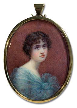 Portrait miniature by Edith Margaret Cannon of a turn of the twentieth century British débutante wearing a décolleté dress of blue tulle