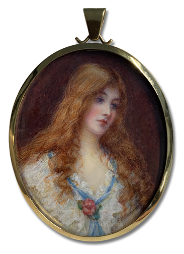 Portrait miniature by Edith Margaret Cannon of a turn of the twentieth century British ladly with long, flowing red hair