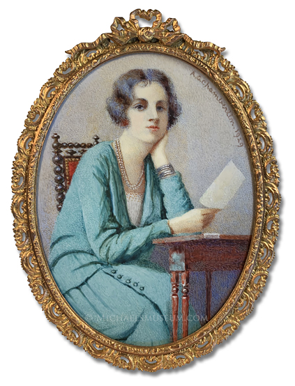Portrait miniature by Amy Gertrude Chamberlin, depicting an early twentieth century English lady seated at a desk and reading a letter