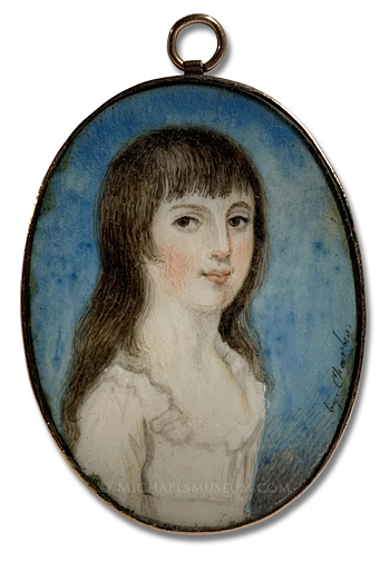 Portrait miniature by A. Charles of a young, Georgian Era girl with long, brown hair