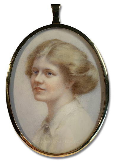 Portrait miniature by Edith Moreton Charlton, depicting a World War I era English lady with golden blond hair