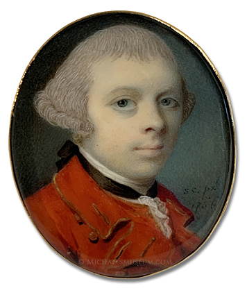 Portrait miniature by Samuel Cotes of a Georgian era gentleman wearing a gold-trimmed red coat and matching waistcoat