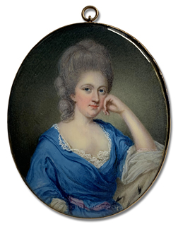 Portrait miniature by Samuel Cotes of a Georgian era lady wearing a blue dress and ermine stole