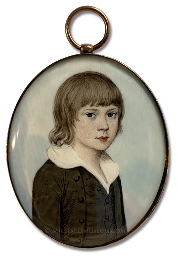 Portrait miniature by Frederick Buck depicting a Georgian era Irish boy identified by the initials "J. H."