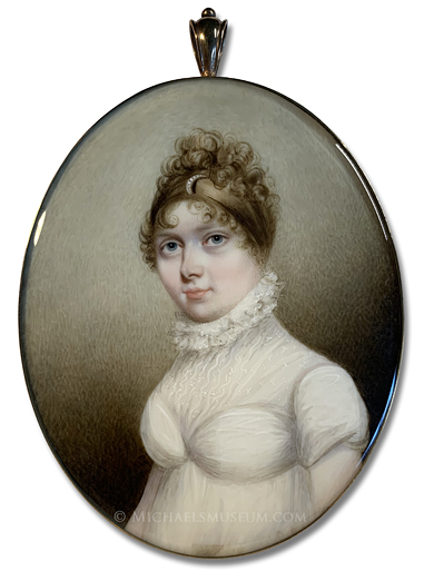 Portrait miniature by Nicholas Freese of a Georgian era lady in a white gown with a high collar