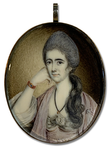 Portriat miniature attributed to Nathaniel Hone the Elder, depicting a Georgian Era lady wearing a portrait miniature, set in a bracelet, and a necklace made of plaited hair, from which a ring is suspended