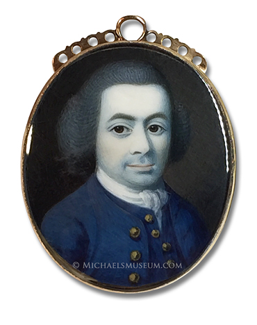 Portrait miniature by Irish painter Gustavus Hamilton, depicting an 18th century Irish gentleman wearing a blue coat with gold buttons and a matching waistcoat