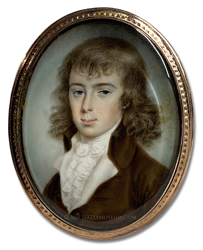 Portrait miniature by Thomas Hazlehurst of a young, Georgian era gentleman wearing a brown coat