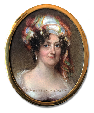 Portrait miniature by Anne Mee depicting a Georgian Era lady wearing a colorful turban