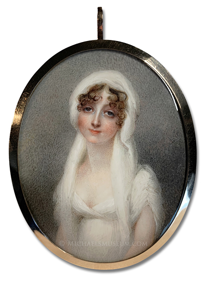 Portrait miniature by Anne Mee depicting a Georgian Era bride named Eliza, wearing a white gown and veil