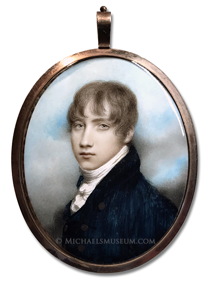 Portrait miniature by Andrew Plimer of a young, Georgian Era gentleman depicted with a sky background