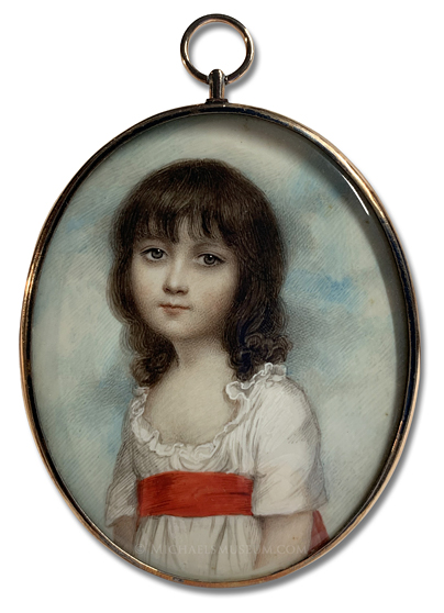 Portrait miniature by Andrew Plimer of a Georgian Era girl identified as Miss Meliora Butter, depicted with a sky backgroiund and wearing a white dress with a red sash