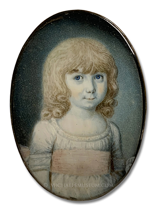 Portriat miniature attributed to Thomas Richmond of a Georgian era child wearing a pink sash
