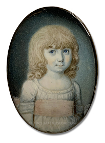 Portriat miniature attributed to Thomas Richmond of a Georgian era child wearing a pink sash