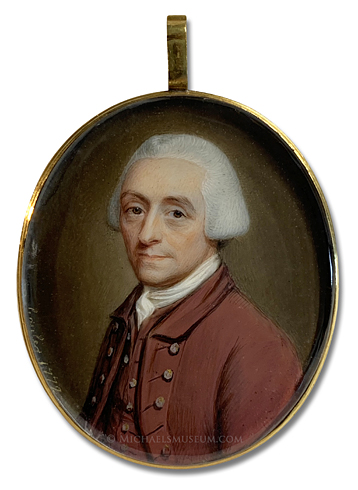 Portrait miniature by James Scouler of a Georgian Era gentleman wearing a brown coat and matching waistcoat