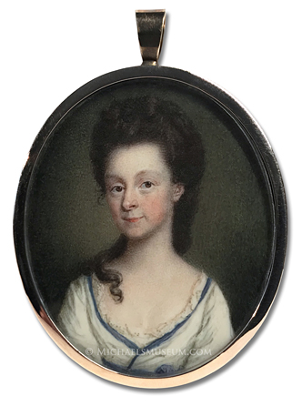 Portrait miniature by James Scouler of a Georgian Era lady with long hair partially draped over her shoulder