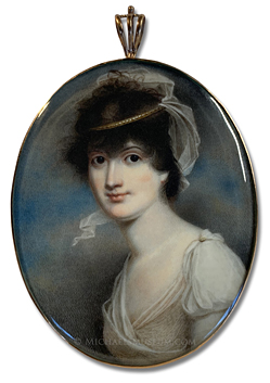 Portrait miniature by James Barry (typically referred to as John Barry) of a young, Georgian era lady (likely a bride), depicted with a skiy backgroiund and wearing a white dress and lace veil