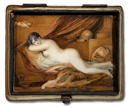Portrait miniature by John Hopkins of a young, Georgian lady, painted in the nude and depicted in a symbolic, Romanesque scene