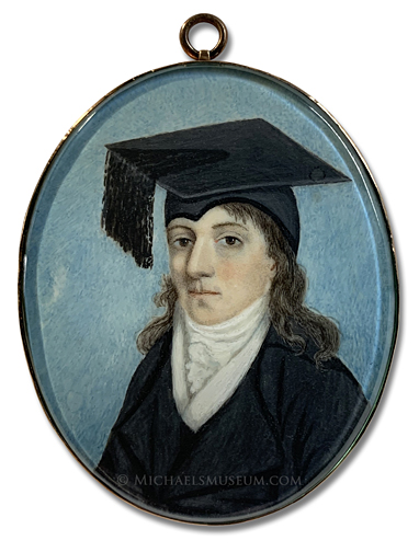 Portrait miniature of a late Georgian era university scholar wearing a black cloak and mortarboard