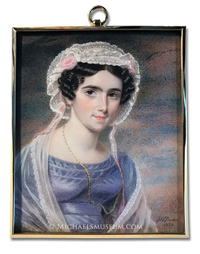 Portrait miniature by Isaac Wane Slater, depicting a Georgian Era lady of Worcester wearing a blue dress, lace shawl and bonnet