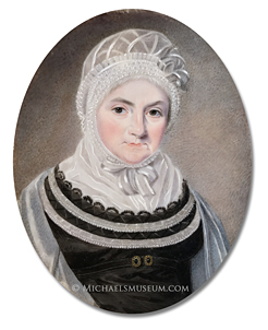 Portrait miniature by Isaac Wane Slater, depicting a Regency Era lady wearing a finely ornamented black dress, a lace bonnet and a cashmere shawl