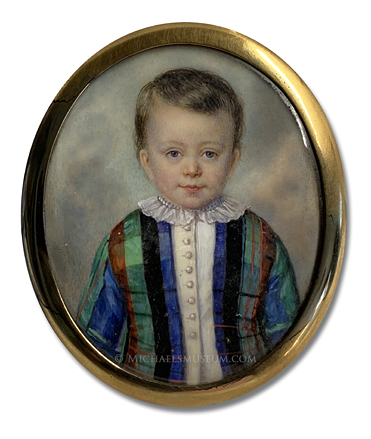 Portrait Miniature of a Young Boy Wearing a Vibrantly-Colored Silk Tartan Jacket and Depicted with a Sky Background - Artist Unknown