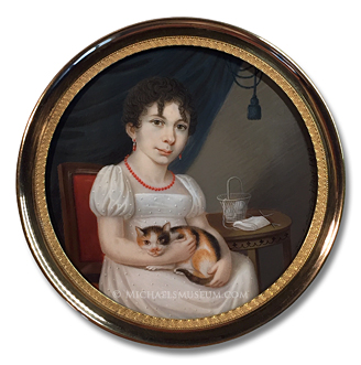 Portrait miniature by Josef Bernhard Einsle depicting a Napoleonic Era German lady with knitting materials at her side and a calico cat on her lap