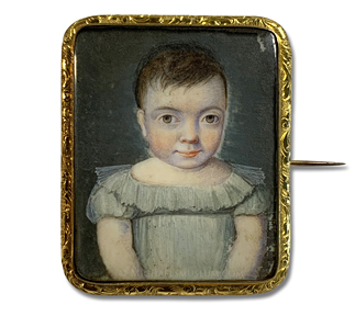 Portrait miniature of a young, Napoleonic era child with brown hair and eyes, wearing a sage green dress -- artist unknown