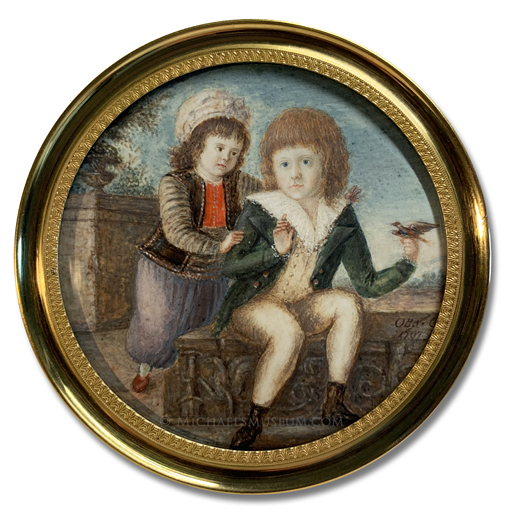 Portrait miniature by Otto Gosse of Caroline Sabina Victoria de Poulhariez-Cavanac (1792-1834) and Aimé-Jacques Poulhariez-Cavanac (1790-1836), the young children of the Marquis de Cavanac, playing with a bird