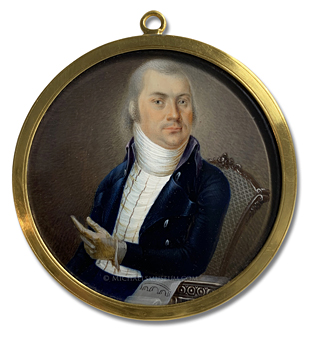 Portrait Miniature of a Late Eighteenth Century Gentleman (Believed to Be an Engineer), Seated at a Desk with a Drawing of an Arched Bridge -- Artist Unknown