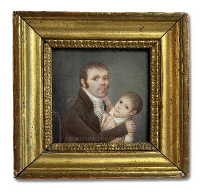 Miniature Portrait of a Napoleonic Era Gentman, Seated on a Chair and Affectionately Holding His Son on His Lap -- Artist Unknown