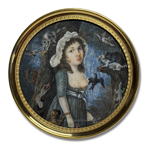 Allegorical Miniature Depicting a Young Lady in a Dark Forest Surrounded by Various Animals Representing the 'Tug of War' between Good and Evil -- Artist Unknown
