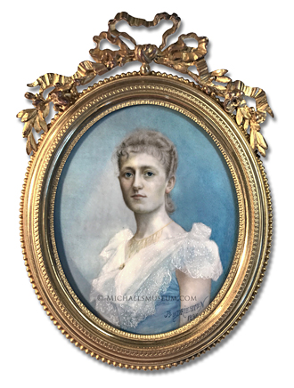 Portrait miniature by Joseph-Emmanuel Van Driesten depicting an elegantly dressed Parisian lady of the late nineteenth century
