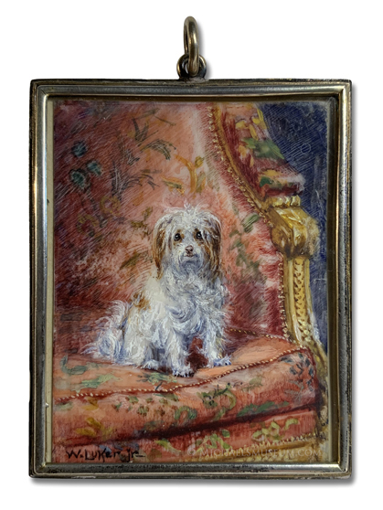 Portrait miniature by William Luker, Jr. depicting a white and tan terrier sitting on a Louis XVI armchair