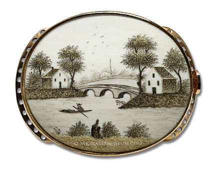 Portrait Miniature Pastoral Scene -- Artist Unknown Georgian Era Pastoral Scene, Painted in Miniature with Sepia-Toned Watercolor and Macerated Hair