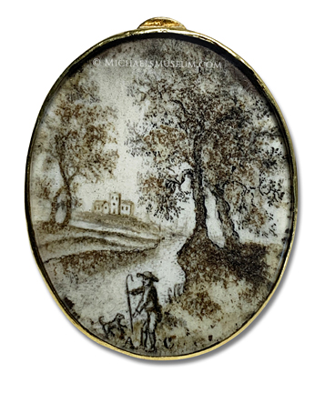 Portrait Miniature Pastoral Scene -- Artist Unknown Georgian Era Pastoral Scene, Painted in Miniature with Sepia-Toned Watercolor and Macerated Hair